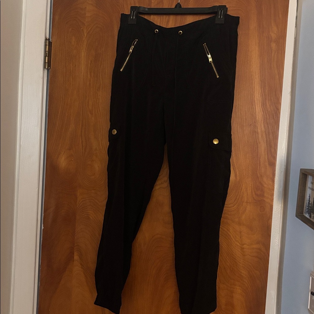 Express Drawstring Black Pants with Gold Zipper Accents